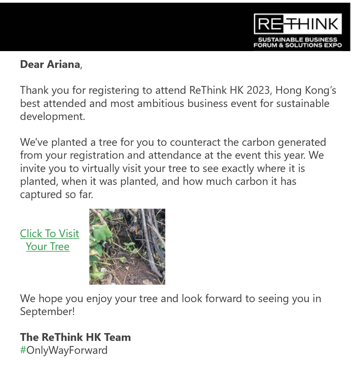 Event registration confirmation with tree reward